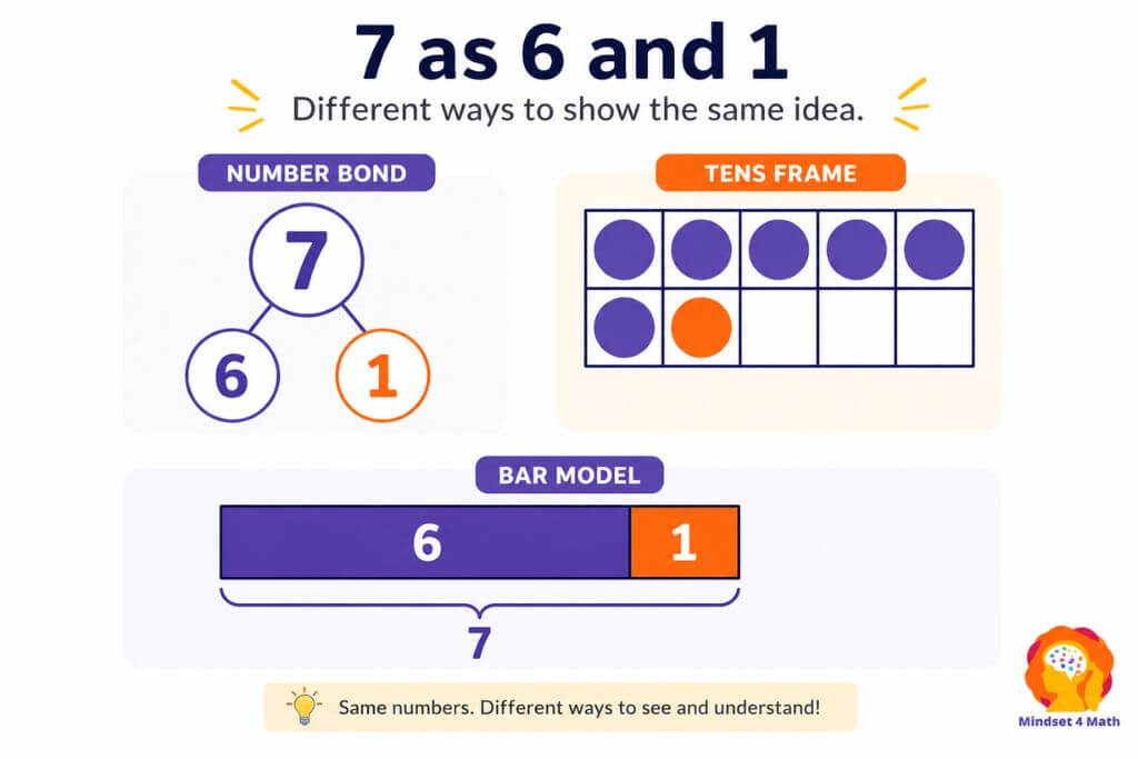 Infographic showing how the number 7 can be represented as 6 and 1 using a number bond, a tens frame, and a bar model. The graphic reads "7 as 6 and 1," "Different ways to show the same idea," and "Same numbers. Different ways to see and understand!" illustrating why schools in the Philippines use Singapore Math to build conceptual understanding through multiple visual representations.
