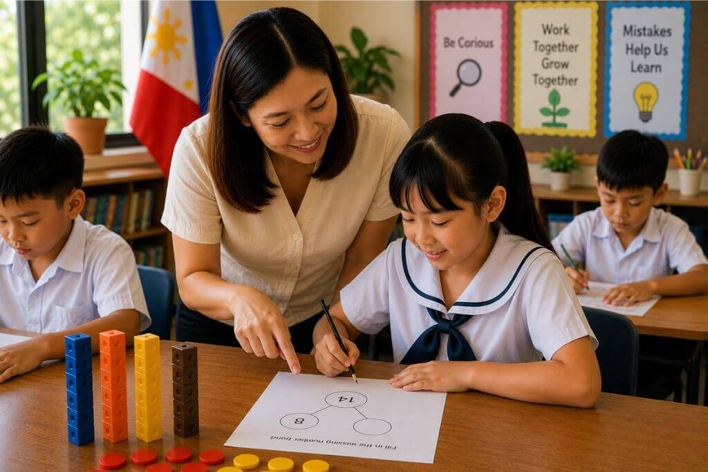 Teacher guiding a student as she completes a number bonds worksheet while classmates work independently in a bright classroom. Colorful math manipulatives on the desk demonstrate how schools in the Philippines use Singapore Math and the CPA approach to develop number sense and problem-solving skills.