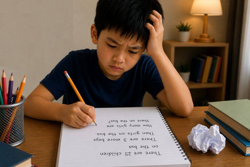Young student sits at a desk with a pencil, looking frustrated while working through a math notebook that reads, "There are 25 children on the bus. There are 3 more boys than girls on the bus. How many girls are there on the bus?" Books, colored pencils, and crumpled paper surround the child, illustrating the challenge of solving Singapore Math word problems with the bar model method.