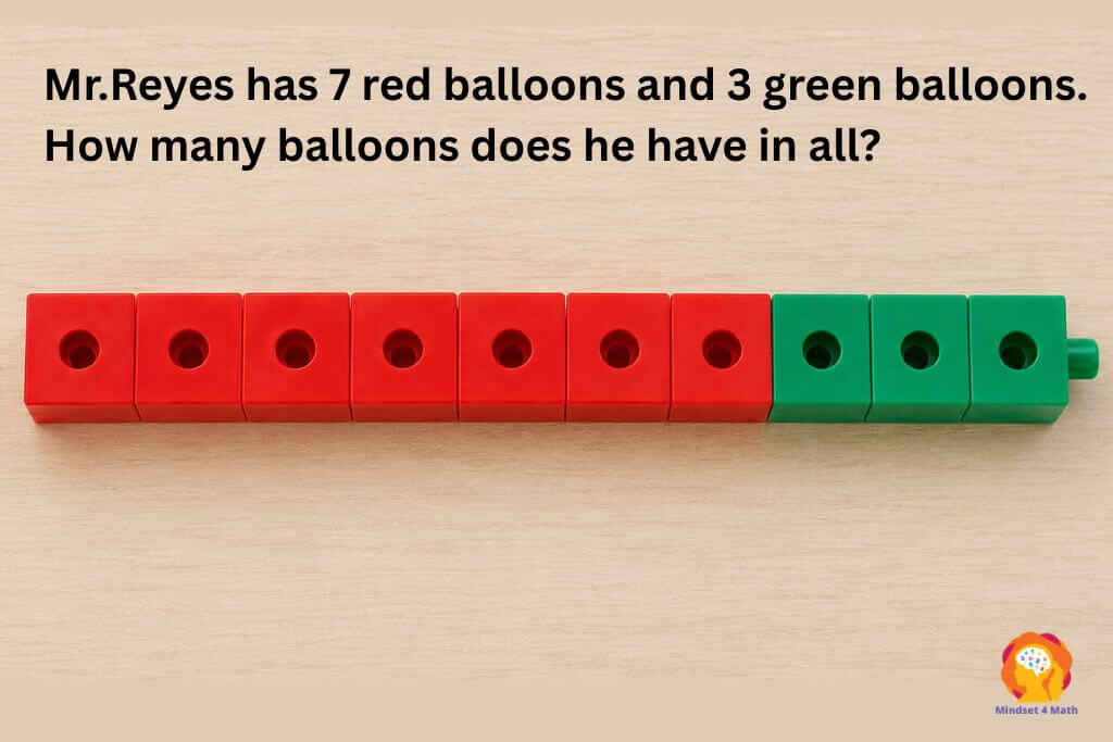 Row of ten interlocking linking cubes arranged in a straight line with seven red cubes followed by three green cubes on a light wooden surface. These concrete materials support the CPA approach in Singapore Math, helping students visualize bar models and solve word problems by representing parts and wholes.