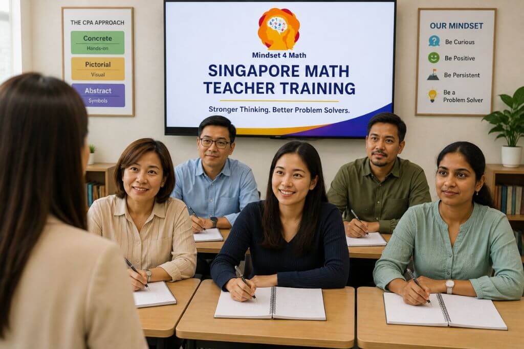 A group of teachers participates in a Mindset 4 Math Singapore Math training workshop, seated at desks with notebooks while listening to an instructor at the front of the classroom. A presentation screen displays "Mindset 4 Math Singapore Math Teacher Training. Stronger Thinking. Better Problem Solvers." with classroom posters reading "The CPA Approach" and "Our Mindset" reinforcing the workshop's focus on effective math teaching strategies.