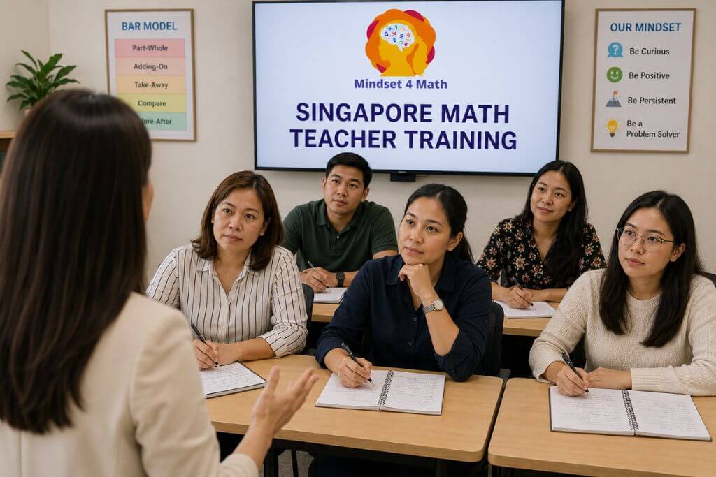 Instructor leads a Singapore Math training for teachers session while five educators take notes and listen attentively in a classroom. A presentation screen displays "Mindset 4 Math" and "Singapore Math Teacher Training," with posters highlighting "Bar Model" strategies and the classroom mindset: "Be Curious," "Be Positive," "Be Persistent," and "Be a Problem Solver."