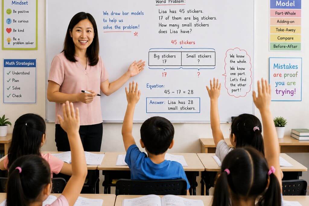 Teacher stands at the front of a classroom explaining the bar model method on a whiteboard while several students raise their hands to answer a Singapore Math word problem. The board shows the text "We draw bar models to help us solve the problem!" and a worked example: "Lisa has 45 stickers. 17 of them are big stickers. How many small stickers does Lisa have?" with a part-whole bar model, the equation "45 - 17 = 28," and the answer "Lisa has 28 small stickers."