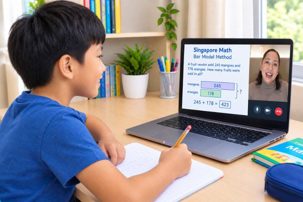 A student practices Singapore Math at home during an online lesson with Teacher Mel featuring a bar model method for solving a fruit word problem on a laptop. The lesson highlights the Singapore Math approach used by Melissa Nierva, Singapore Math trainer, educator and author, to help students visualize mathematical concepts and solve problems step by step.