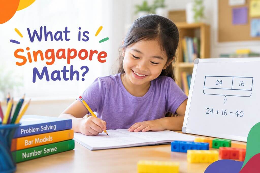 A smiling young girl works on a math problem at a desk beside a whiteboard showing a bar model with 24 and 16, a question mark, and "24 + 16 = 40". The graphic reads "What is Singapore Math?" and the books beside her are labeled "Problem Solving", "Bar Models", and "Number Sense", illustrating the bar model method used for solving word problems.